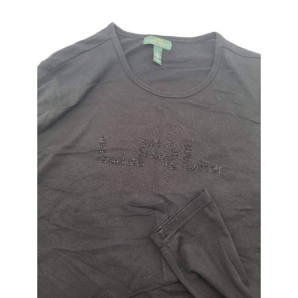 LRL Lauren Ralph Lauren Women's LG Black Sparkle Logo Long Sleeve T Shirt y2k - Picture 7 of 7